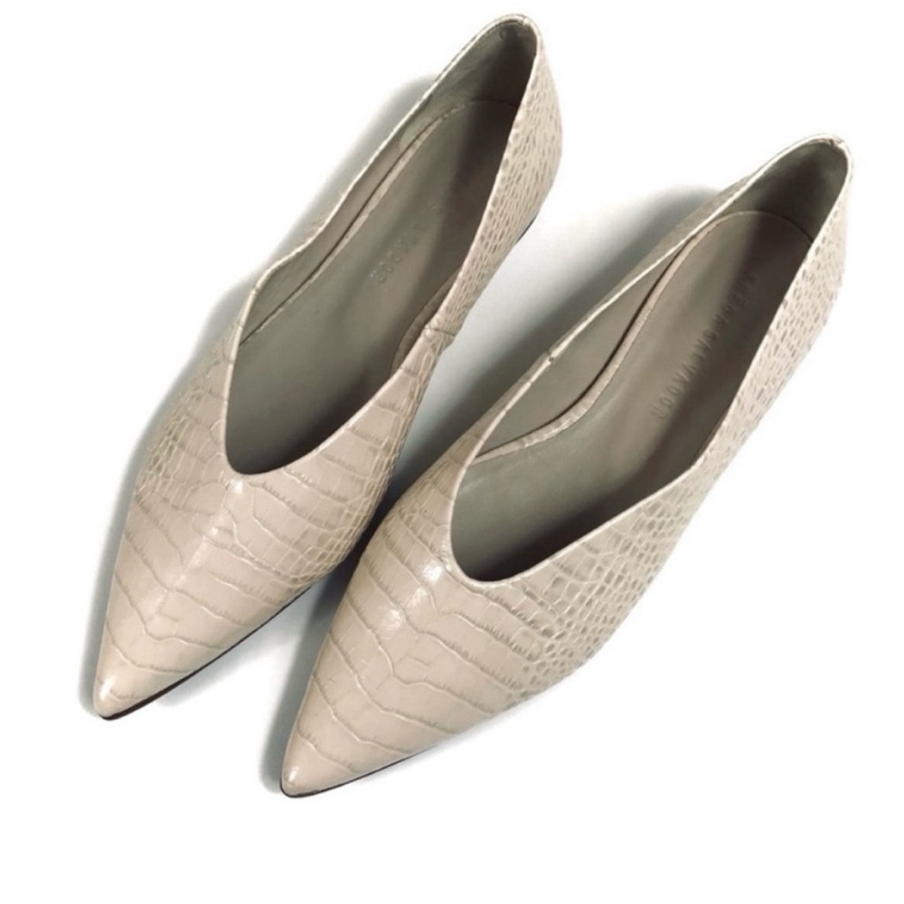 Freda Salvador Beige Croc-Embossed Pointed Toe Flats